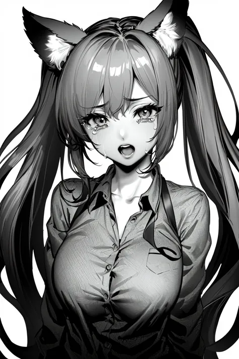 1girl, solo, greyscale, monochrome, animal ears, long hair, looking at viewer, white background, simple background, open mouth, breasts, shirt, twintails, hair between eyes, upper body, tears, collared shirt, low twintails, large breasts