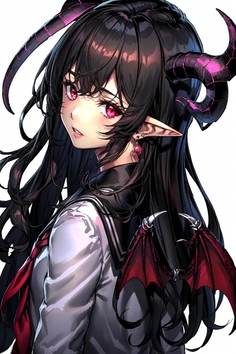 1girl, 1boy, horns, school uniform, pointy ears, wings, earrings, serafuku, jewelry, white background, upper body, red eyes, demon wings, demon horns, demon boy, simple background, back-to-back, pink eyes, parted lips, black serafuku, brown hair, demon girl, black hair, looking at viewer, long hair, gakuran