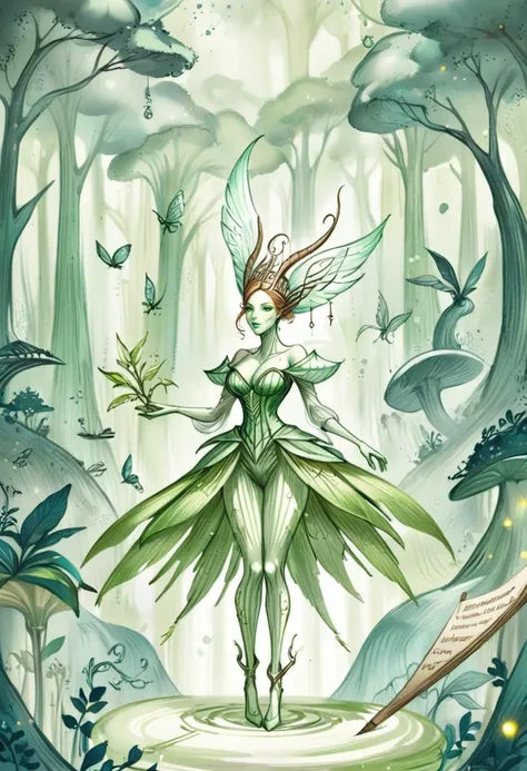 aesthetic illustration of a cute magical Shipwreck Singer in an enchanted wonderland, beautiful whimsical fantasy art concept, detailed background, glowing particles, forest green theme <lora:EnvyDaVincisDreamXL01:0.8> pencil sketch, papyrus