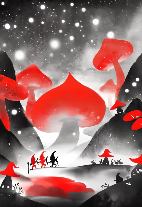 ink painting, black ink, aesthetic illustration of a cute magical Gnomes in an enchanted wonderland, beautiful whimsical fantasy art concept, detailed background, glowing particles, red and black theme <lora:StillSomeInk-SDXL-PAseer:0.8> monochrome