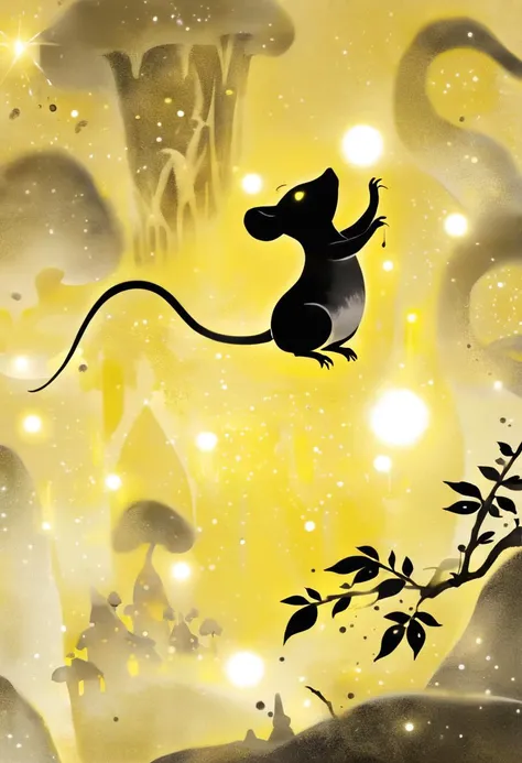 ink painting, black ink, aesthetic illustration of a cute magical rat king in an enchanted wonderland, beautiful whimsical fantasy art concept, detailed background, glowing particles, light yellow theme <lora:StillSomeInk-SDXL-PAseer:0.8> mono