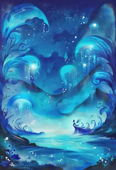 ink painting, aesthetic illustration of a cute magical Chorus of the Tides in an enchanted wonderland, beautiful whimsical fantasy art concept, detailed background, glowing particles, blue-violet theme <lora:StillSomeInk-SDXL-PAseer:0.8>