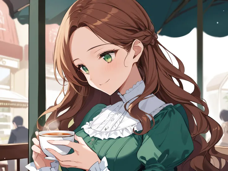 masterpiece, best quality, high quality, 1girl, victorian, green eyes, long hair, brown hair, single hair intake, parted bangs, wavy hair, asymmetrical hair, asymmetrical bangs, medium breasts, light smile, green dress, tareme, round eyes, o o, 
cafe, tea, depth of field, faceless, manhwa, holding tea cup with both hands, <lora:add-detail-xl:1.5>,