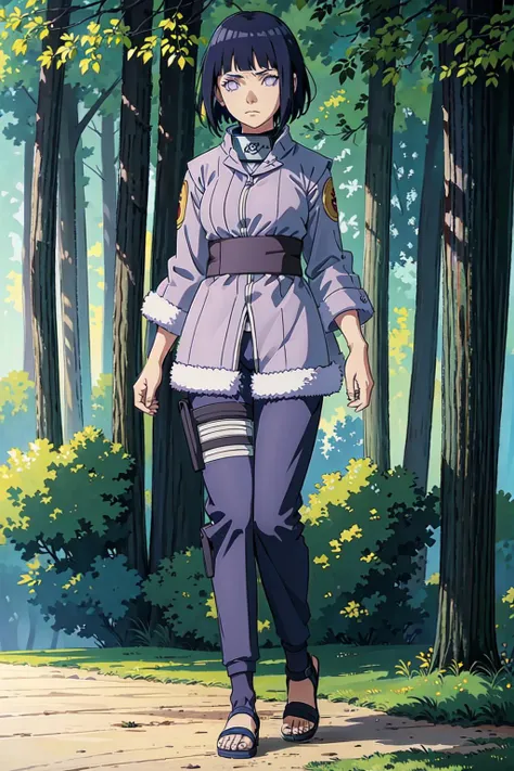 (((masterpiece))), HinataHyuga, 1girl, solo, looking at viewer, short hair, simple background, black hair, closed mouth, standing, purple eyes, full body, pants, fur trim, frown, sandals, blue footwear, fighting stance, forehead protector, toeless footwear, konohagakure symbol, outdoor, trees, forest background, <lora:HinataHyuga-10:0.75> single tree,comfortable,reasonable structure,shock,high detail,abundant,8k,green,tree,Reasonable light and dark relationship,concept art,high detail,distinct <lora:Pyramid lora_Ghibli_n3:0.5>