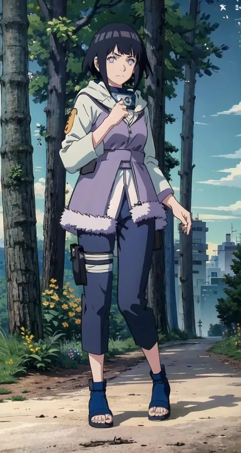 (((masterpiece))), HinataHyuga, 1girl, solo, looking at viewer, short hair, simple background, black hair, closed mouth, standing, purple eyes, full body, pants, fur trim, frown, sandals, blue footwear, fighting stance, forehead protector, toeless footwear, konohagakure symbol, outdoor, trees, forest background, single tree,comfortable,reasonable structure,shock,high detail,abundant,8k,green,tree,Reasonable light and dark relationship,concept art,high detail,distinct <lora:Pyramid lora_Ghibli_n3:0.5>
<lora:HinataHyuga:0.8>