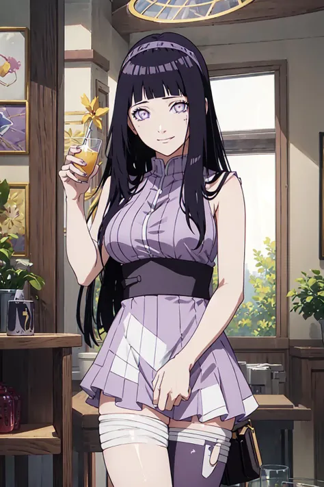 (((masterpiece))), HinataHyuga, 1girl, solo, long hair, looking at viewer, smile, large breasts, black hair, purple eyes, blunt bangs, white eyes, no pupils,<lora:skirt_tug_v0.1:1.0>, clothes tug, cocktail dress, cocktail glass, wind,, masterpiece, best quality, highly detailed<lora:HinataHyuga-10:0.75>