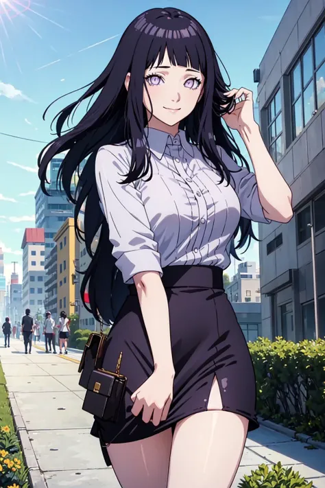 (((masterpiece))), HinataHyuga, 1girl, solo, long hair, looking at viewer, smile, large breasts, black hair, purple eyes, blunt bangs, white eyes, no pupils, <lora:skirt_tug_v0.1:1.0>, clothes tug, office lady, pencil skirt, skirt tug, miniskirt, skirt lift, crowd, masterpiece, best quality, highly detailed, office background <lora:HinataHyuga-10:0.65>