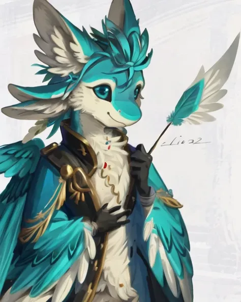 (highly detailed illustration:1.2), best quality, masterpiece, solo, upper body, avali, avian, feathers, detailed feathers, detailed face, detailed eyes, four ears, green feathers, arm wings, fluffy chest, feathery chest, furry, anthro, furry art, standing, white background