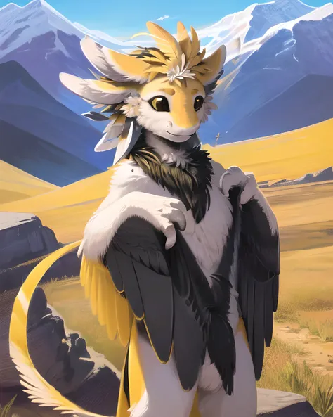 (highly detailed illustration:1.2), best quality, masterpiece, solo, standing, mountains, avali, avian, beak, bird, feathers, yellow feathers, naked, two tone fur, detailed fluffy feathers, tail feathers, torso, upper body, closed mouth, clouds