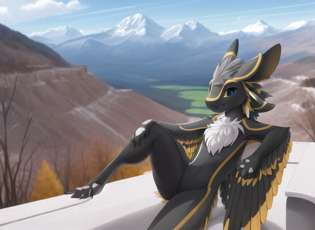 sfw, (best quality ,highly detailed, amazing quality, 4K, award winning art), avali, avian,black and white feathers, tail feathers, multi ear, four ears, wing arms, anthropomorphic, fursona, at the mountains sitting down at the bench, legs spread open, smug smile, afternoon, clear sky, Mountain range behind. <lora:avaliLora_avaliv1Medium:1>