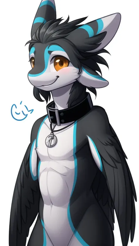 SFW
<lora:avaliLora_avaliv1Medium:1>
(best quality ,highly detailed, amazing quality, 4K, award winning art, Realistic,),
Standing,
Male,
boy,
avali,
avian,
black and white,
Feathers,
tail feathers,
multi ear,
four ears,
wing arms,
anthropomorphic,
fursona,
Cute face,
smile,
collar,
orange eye,
blue line on the body,
Face,
White background,
Face close up,
Emoji stile,
Laugh,
