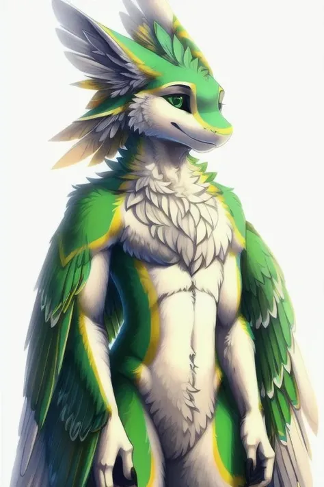 (highly detailed illustration:1.2), best quality, masterpiece, solo, upper body, avali, avian, feathers, detailed feathers, detailed face, detailed eyes, green feathers, arm wings, fluffy chest, feathery chest, furry, anthro, furry art, standing, white background, <lora:BlessedTech:1> <lora:avaliV1-hard-epoch-05:1>