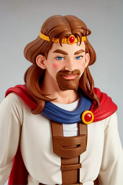 masterpiece, high quality, best quality, beautiful, hd, perfect lighting, detailed face, detailed body,solo, <lora:knyazkiv:0.6>, knyazkiv, looking at viewer, smile, blue eyes, brown hair, 1boy, upper body, male focus, cape, facial hair, blush stickers, thick eyebrows, crown, beard, circlet, mustache, red cape
