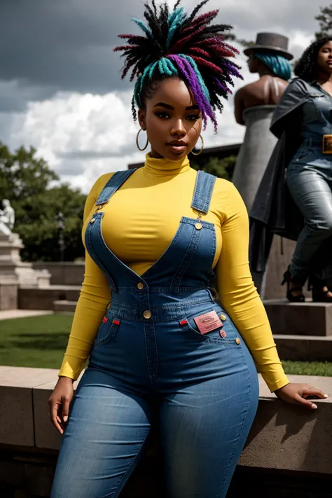 masterpiece of cyberdelic, highly detailed professional 8k Concept art, best quality, Floodlighting from Below, Enhanced high contrast and HDR for optimal image quality, tilt shift F/2.8, Artisanal Superheroine, Voluptuous: Full-bodied with generous curves, creating a sensual and curvaceous appearance, Pewter Citrus-Inspired Rainbow Hair, Tongue out, Denim Overall Jumpsuit with a White Button-Up Shirt, stunning creative and insane Gardens with Stone Statues background <lora:Body Toner and Beautifier v3.01:1>