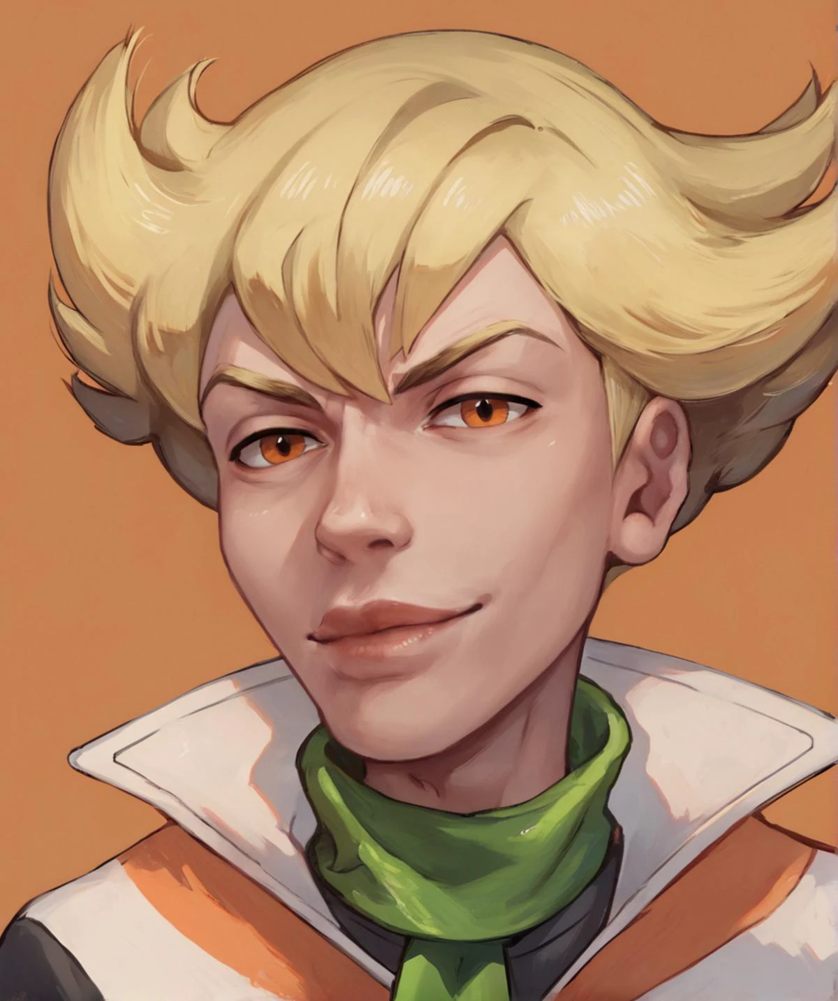 score_9, score_8_up, score_7_up, barry_pokemon, blonde hair, orange eyes, striped jacket, black pants, green scarf, <lora:barry:1>, lips, portrait, <lora:KazuyaGuy:1>