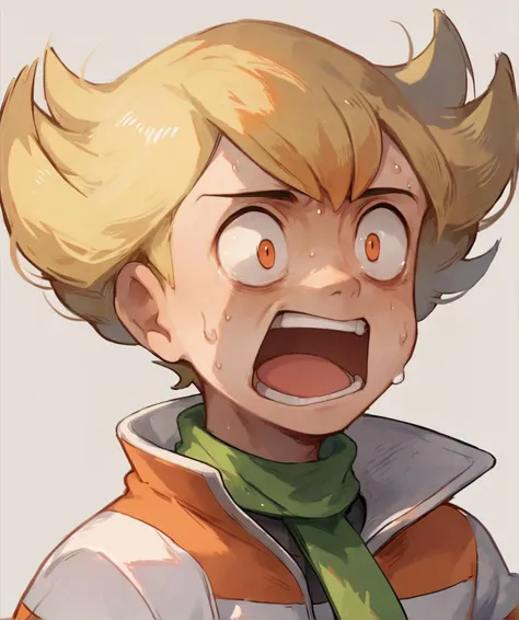 score_9, score_8_up, score_7_up, barry_pokemon, blonde hair, orange eyes, striped jacket, black pants, green scarf, <lora:barry:1>, portrait, <lora:xl_exaggerated surprised expression(kohaku_Delta):1>, enel face, open mouth, teeth, wide-eyed, sweat, constricted pupils