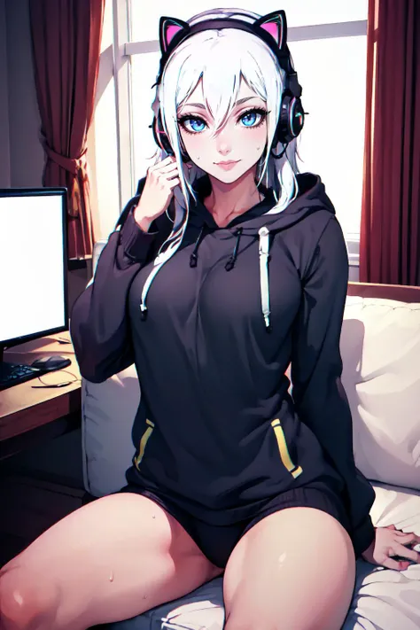 Highly detailed, High Quality, Masterpiece, beautiful, 1girl, solo, Evelyn1, <lora:Char_OG_Aseyna:0.6>, mature female, CatEarHeadphones, <lora:Outfit_CatEarHeadphones:0.9>, mature female, skindentations, sitting, shiny skin, sweat, computer, hoodie, wearing, hoodie, <lora:Outfit_HoodiesValkyrie:0.75>, smile, eyewear on head,