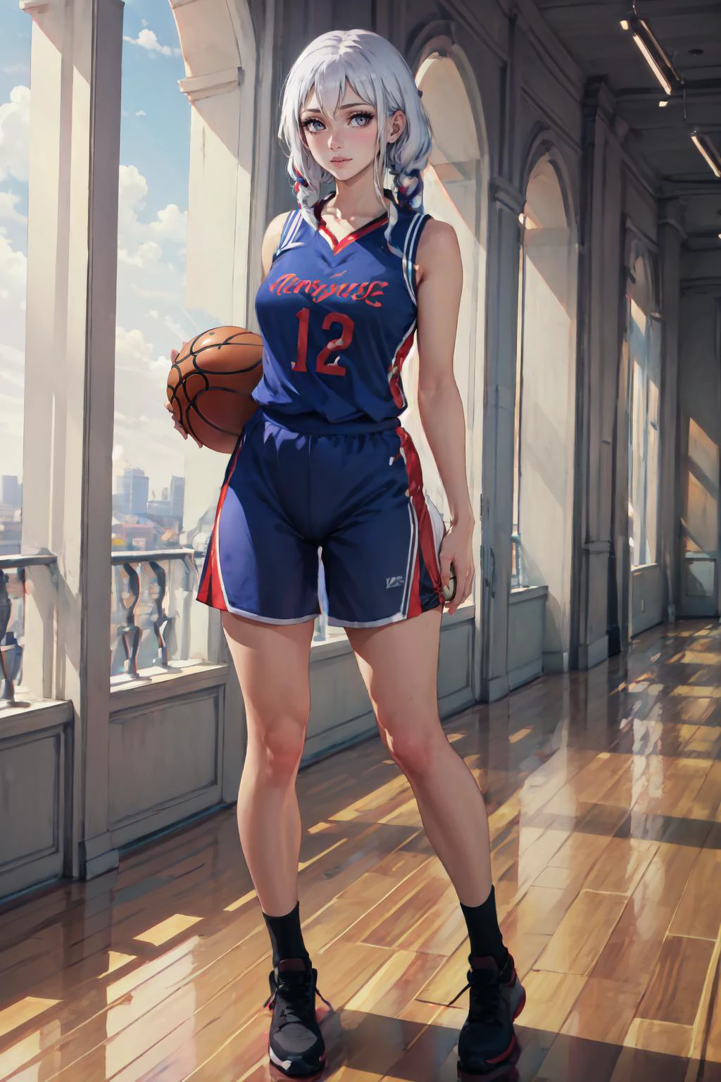 Highly detailed, High Quality, Masterpiece, beautiful, 1girl, solo, Evelyn1, <lora:Char_OG_Aseyna:0.6>, mature female, basketball, basket, basketball uniform, basket, holding, holding basketball
