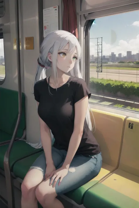 Evelyn1, <lora:Evelyn1:0.6>, Highly detailed, High Quality, Masterpiece, beautiful, long hair, white hair, green eyes, large breasts, is sitting on a train bench, looking out the window. She is wearing a black shirt and jeans, with white sneakers. Her hair is pulled back in a ponytail and she has an expression of contemplation on her face. The sun shines through the window, illuminating her features and casting shadows across the room. Outside, there are trees and buildings passing by as the train moves along its route. In the background, there is a small bird perched atop another bench nearby - it has bright orange eyes that stand out against its white feathers. The girl continues to look out into the distance as if lost in thought - unaware of all that surrounds her yet still taking it all in at once.