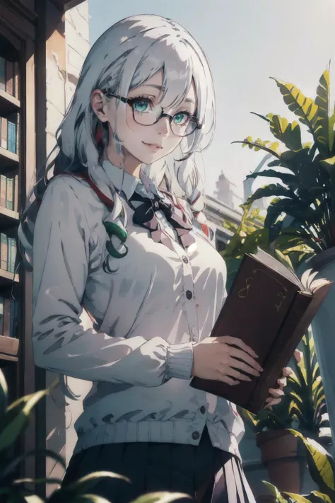 Evelyn1, <lora:Evelyn1:0.6>, Highly detailed, High Quality, Masterpiece, beautiful, long hair, green eyes, 1girl, tinted hair, black hair, big smile, (upper body), medium breasts, school uniform, long sleeve, glasses, library scenery, potted plants, books, fresh air, (depth of field, blurry foreground, blurry background:1.2), light particles, (from below), white hair,