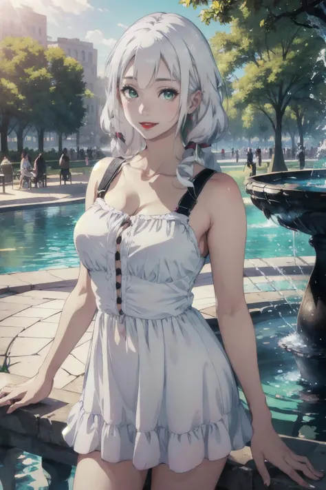 Evelyn1, <lora:Evelyn1:0.6>, Highly detailed, High Quality, Masterpiece, beautiful, long hair, white hair, green eyes, large breasts, bright scene, sunlight, cowboy shot of beautiful lady in white sundress, short black hair, red lips, summer day, smiling, park, fountain, particles, tree