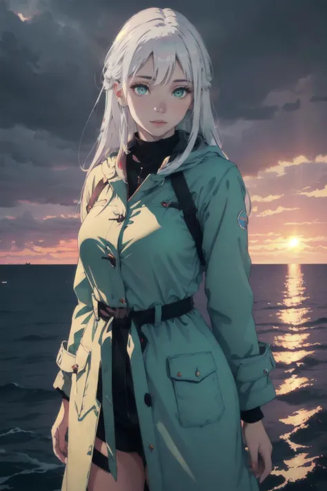Evelyn1, <lora:Evelyn1:0.6>, Highly detailed, High Quality, Masterpiece, beautiful, long hair, white hair, green eyes, large breasts, cowboy shot, long green coat, eye focus, sea, storm, dark atmosphere, sunset, volumetric lighting, best quality, masterpiece, chromatic aberration, realistic, blurry background