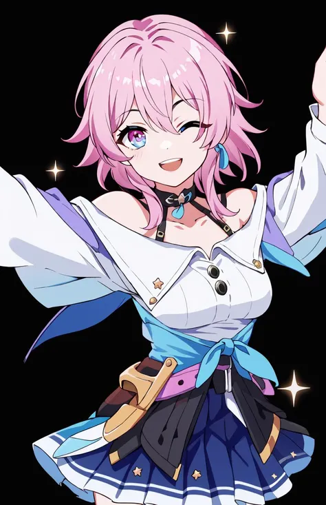 ((masterpiece)), (best quality:1.7), (detailed:1.4), (high res:1.4), 8k, (colorful:1.5), 2d, high resolution, sharped image, 4k, hd, march7th(honkai star), full body, 1girl, (((solo)), honkai: star rail, honkai (series), absurdres, highres , ;d, blue skirt, breasts, cowboy shot, hand up, long sleeves, looking at viewer, multicolored eyes, off-shoulder shirt, off shoulder, one eye closed, open mouth, pink hair, pleated skirt, selfie, shirt, short hair, simple background, skirt, small breasts, smile, thighs, v, white background, white shirt, <lora:march7th_honkai:0.7>, <lora:thickerLinesanimeStyle:0.6>