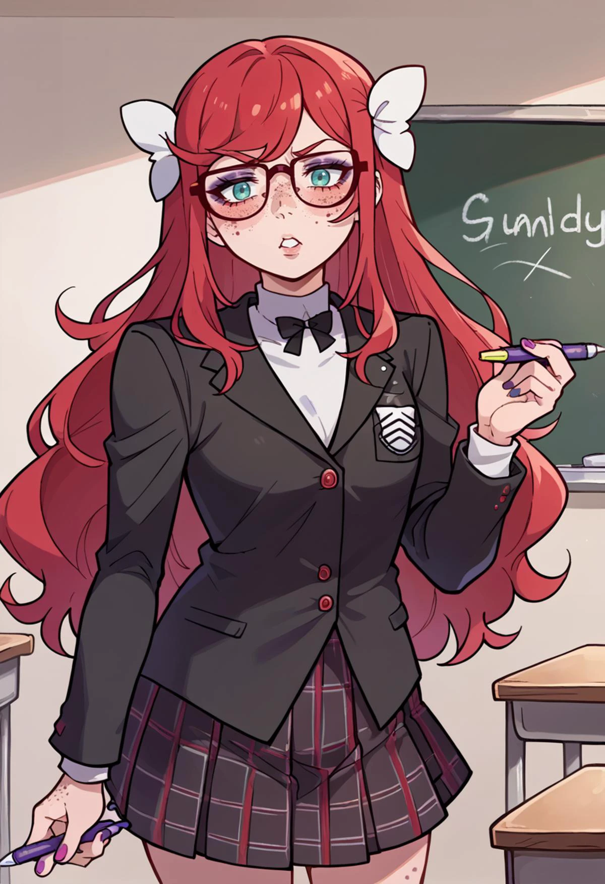 classroom, chalkboard, ai ai gasa, score_9, score_8_up, source_anime, <lora:ChamShuujinAcademyUniformPonyXL:1> GirlUniform, shuujin academy school uniform, black jacket, plaid skirt, <lora:GinjaNinjaOwO (Autism SDXL):0.6> 1girl, solo, aqua eyes, long hair, red hair, freckles, glasses, hair ornaments, white ribbon, hair ribbon, eyeshadow, nail polish, drawing, holding chalk,