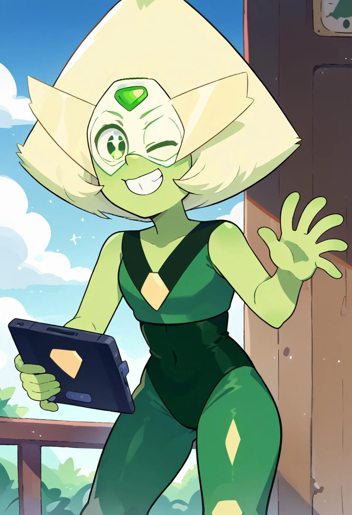 score_9, score_7_up, source_anime, BREAK <lora:Peridot_Steven_Universe:1> peridot, gem, forehead jewel, standing, smile, holding tablet pc, solo, cowboy shot, <lora:Momoiiroo_Art_Style_PonyXL:1> momoiiroo,
