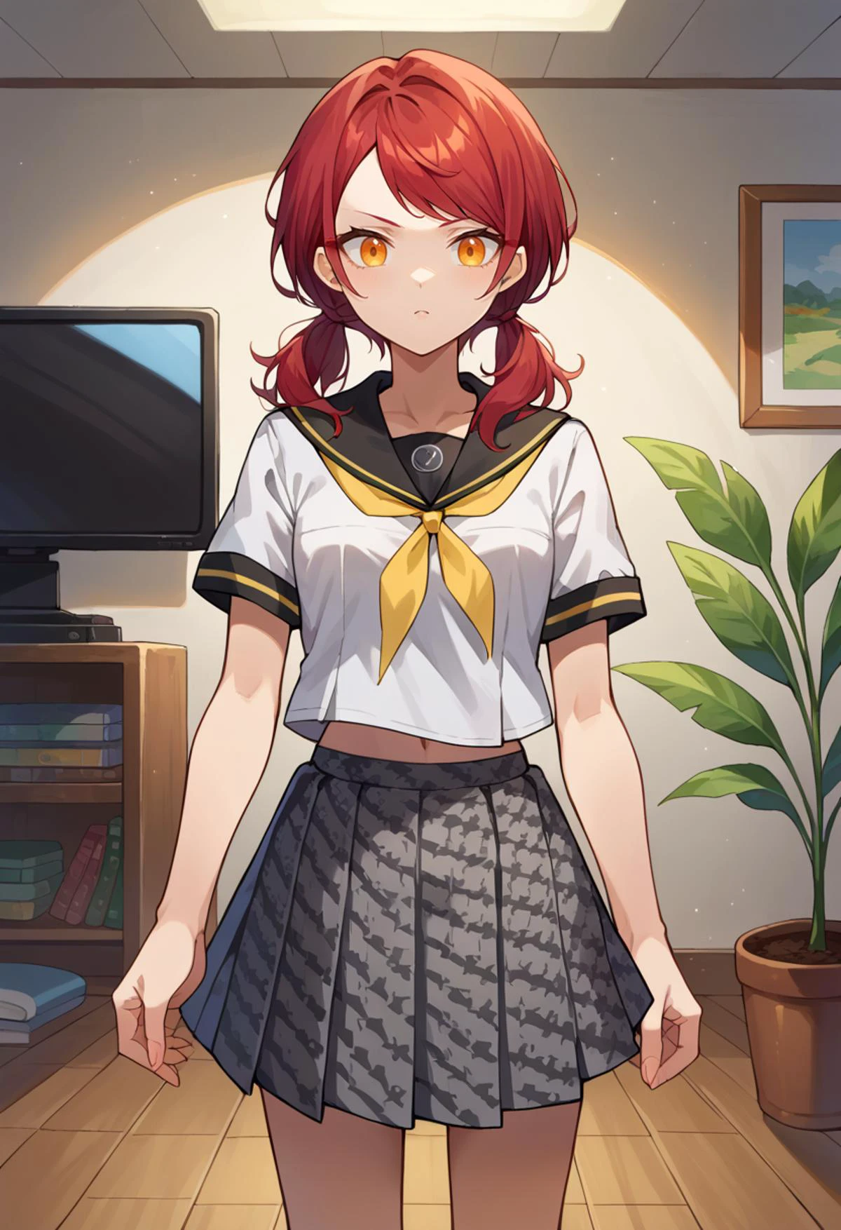 score_9, score_8_up, source_anime, tube television, indoors, <lora:ChamYasogamiSchoolUniformPonyXL:1> YasogamiFemaleSummer, white shirt, short sleeves, black sailor collar, yellow neckerchief, grey skirt,, solo, 1girl, red hair, orange eyes, amber eyes, tsurime, swept bangs, parted bangs, low twintails, short hair, medium hair, small breasts,