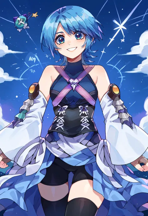 solo, score_9, score_7_up, source_anime, BREAK smile, twisted torso, night sky, shooting star, <lora:Aqua_Kingdom_Hearts:0.9> aqua (kingdom hearts), blue eyes, blue hair, short hair, bare shoulders, halterneck, criss-cross straps, detached sleeves, fingerless gloves, gloves, overskirt, bike shorts under skirt, black thighhighs, <lora:Momoiiroo_Art_Style_PonyXL:1> momoiiroo,