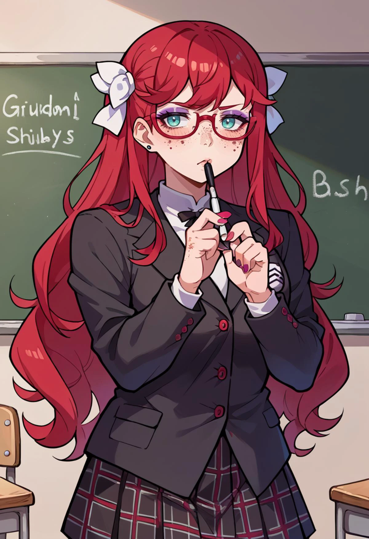 classroom, chalkboard, ai ai gasa, score_9, score_8_up, source_anime, <lora:ChamShuujinAcademyUniformPonyXL:1> GirlUniform, shuujin academy school uniform, black jacket, plaid skirt, <lora:GinjaNinjaOwO (Autism SDXL):0.4> 1girl, solo, aqua eyes, long hair, red hair, freckles, glasses, hair ornaments, white ribbon, hair ribbon, eyeshadow, nail polish, drawing, holding chalk,