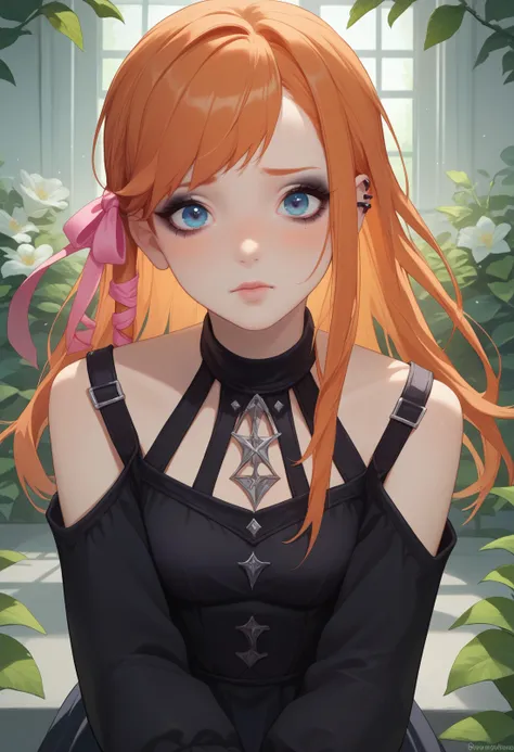 score_9, score_8_up, score_7_up BREAK pastel goth, <lora:ryne-pdxl-nvwls-v1:0.8> ryne, hair ribbon, orange hair, blue eyes, blushing, indoor garden