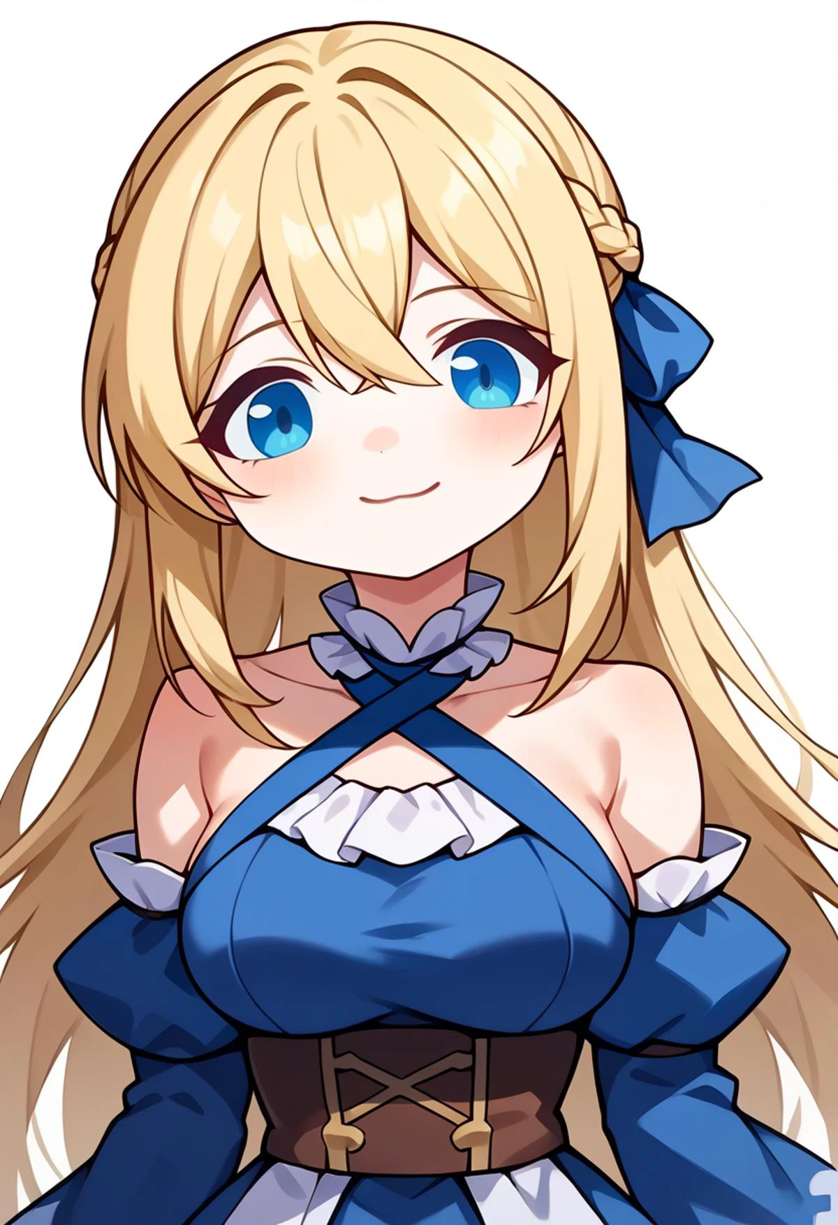score_9, score_7_up, source_anime, BREAK <lora:meme_mutsukiface_ponyXL:1> mutsukiface, chibi, portrait, smile, closed mouth, close-up, white background,, solo, soft smile, light smile,
1girl, blue eyes, very long hair, blonde hair, long blonde hair, french braid, bangs, hair between eyes, medium breasts,, hair ribbon, frilled choker, criss-cross halter, sleeveless dress, high-waist skirt, backless dress, blue dress, waist blue bow, detached sleeves, frilled sleeves, wide sleeves, blue sleeves,