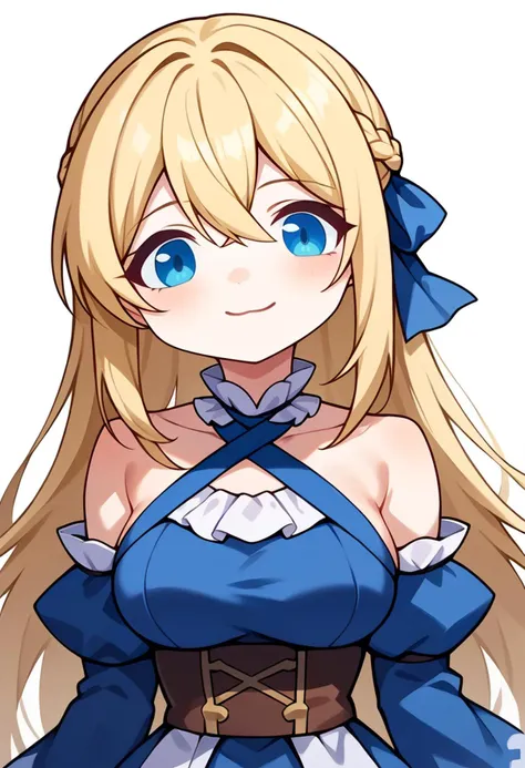 score_9, score_7_up, source_anime, BREAK <lora:meme_mutsukiface_ponyXL:1> mutsukiface, chibi, portrait, smile, closed mouth, close-up, white background,, solo, soft smile, light smile,
1girl, blue eyes, very long hair, blonde hair, long blonde hair, french braid, bangs, hair between eyes, medium breasts,, hair ribbon, frilled choker, criss-cross halter, sleeveless dress, high-waist skirt, backless dress, blue dress, waist blue bow, detached sleeves, frilled sleeves, wide sleeves, blue sleeves,