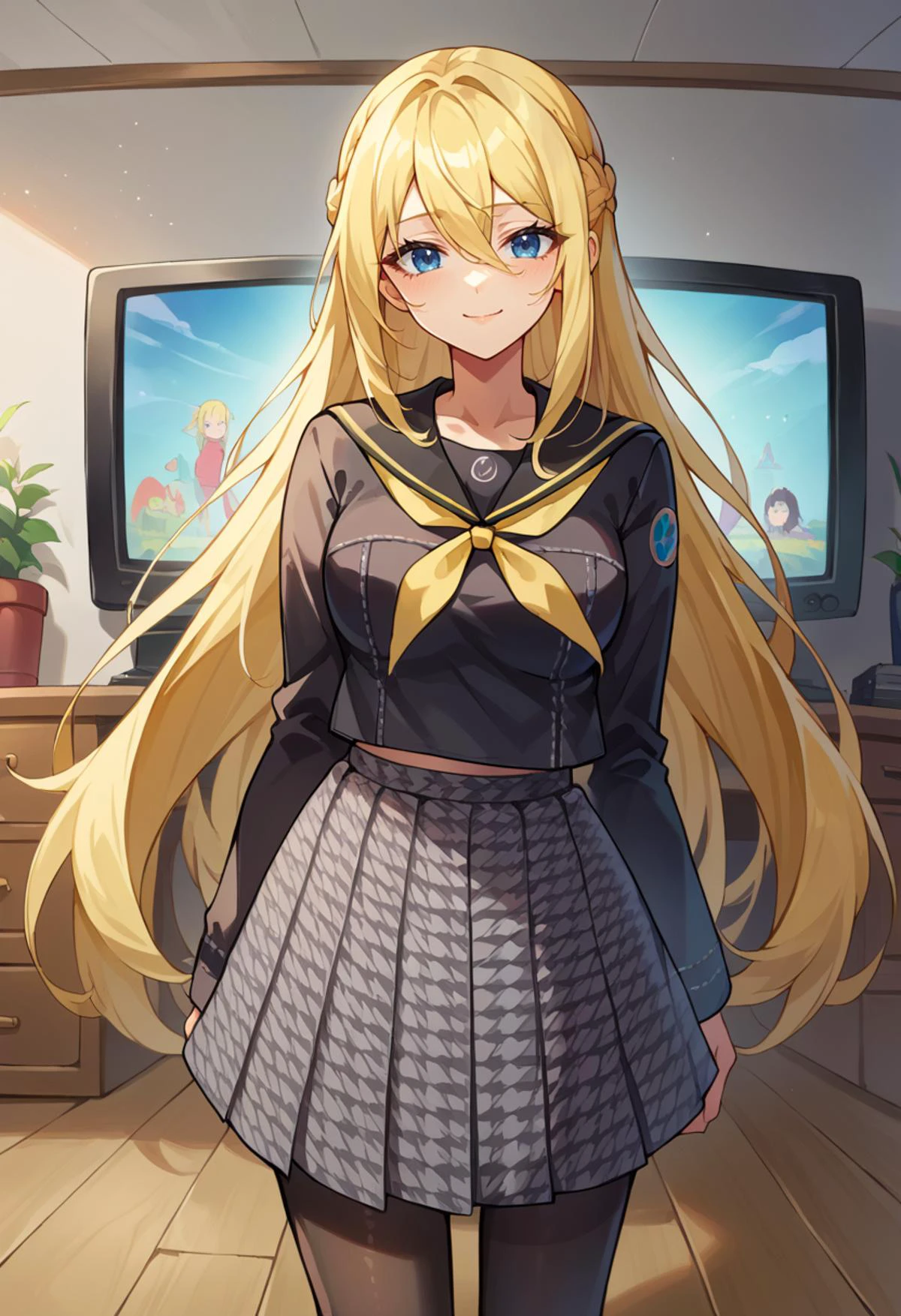 score_9, score_8_up, source_anime, tube television, indoors, <lora:ChamYasogamiSchoolUniformPonyXL:1> YasogamiFemaleWinter, black shirt, long sleeves, black sailor collar, yellow neckerchief, grey skirt, black pantyhose,, solo, soft smile, light smile,
1girl, blue eyes, very long hair, blonde hair, long blonde hair, french braid, bangs, hair between eyes, medium breasts,