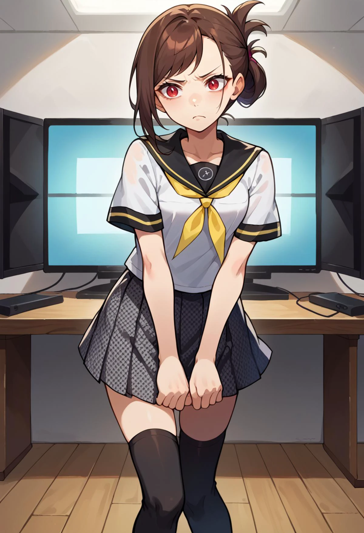 score_9, score_8_up, source_anime, tube television, indoors, <lora:ChamYasogamiSchoolUniformPonyXL:1> YasogamiFemaleSummer, white shirt, short sleeves, black sailor collar, yellow neckerchief, grey skirt, black thighhighs,, solo, frown,
1girl, red eyes, tsurime, brown hair, medium hair, asymmetrical bangs, swept bangs, flipped hair, folded ponytail, small breasts,