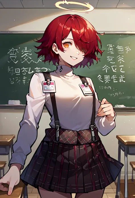 classroom, chalkboard, ai ai gasa, score_9, score_8_up, source_anime, <lora:ChamShuujinAcademyUniformPonyXL:1> GirlSuspenders, white turtleneck, suspenders, plaid skirt, <lora:arknights_exusiai_ponyXL:1> exusiaidef, hair over one eye, halo, orange eyes, red hair, white jacket, id card, smile,
