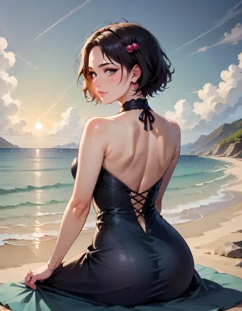 score_8_up, score_7_up, rating_safe, BREAK realistic, raw, photo, 1girl, solo, close-up, portrait, 24 year old, wearing ball gown dress, from behind, looking at viewer, sitting, seiza, diffusion lighting, very short hair black updo sidelocks, hair bobbles, outdoors, beach, golden hour