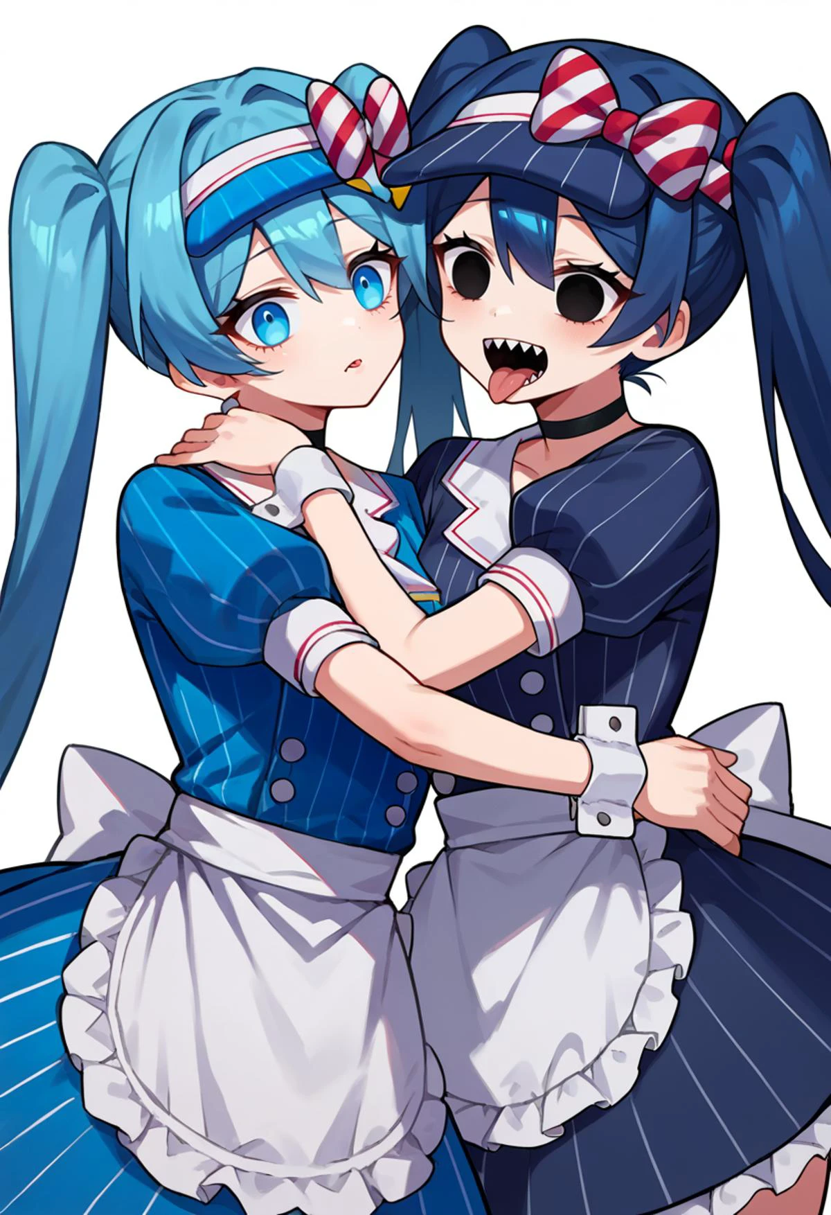 score_9, score_7_up, source_anime, solo, 2girls, <lora:vocaloid_mesmerizermiku_ponyXL:0.5> visor cap, frills, blue dress, vertical-striped dress, buttons, puffy short sleeves, wrist cuffs, waist apron, frilled apron, black choker, hug, twintails, hair bow, striped bow, blue hair,
BREAK mesmerizermiku, blue eyes,
BREAK sharp teeth, tongue out, black eyes, empty eyes,