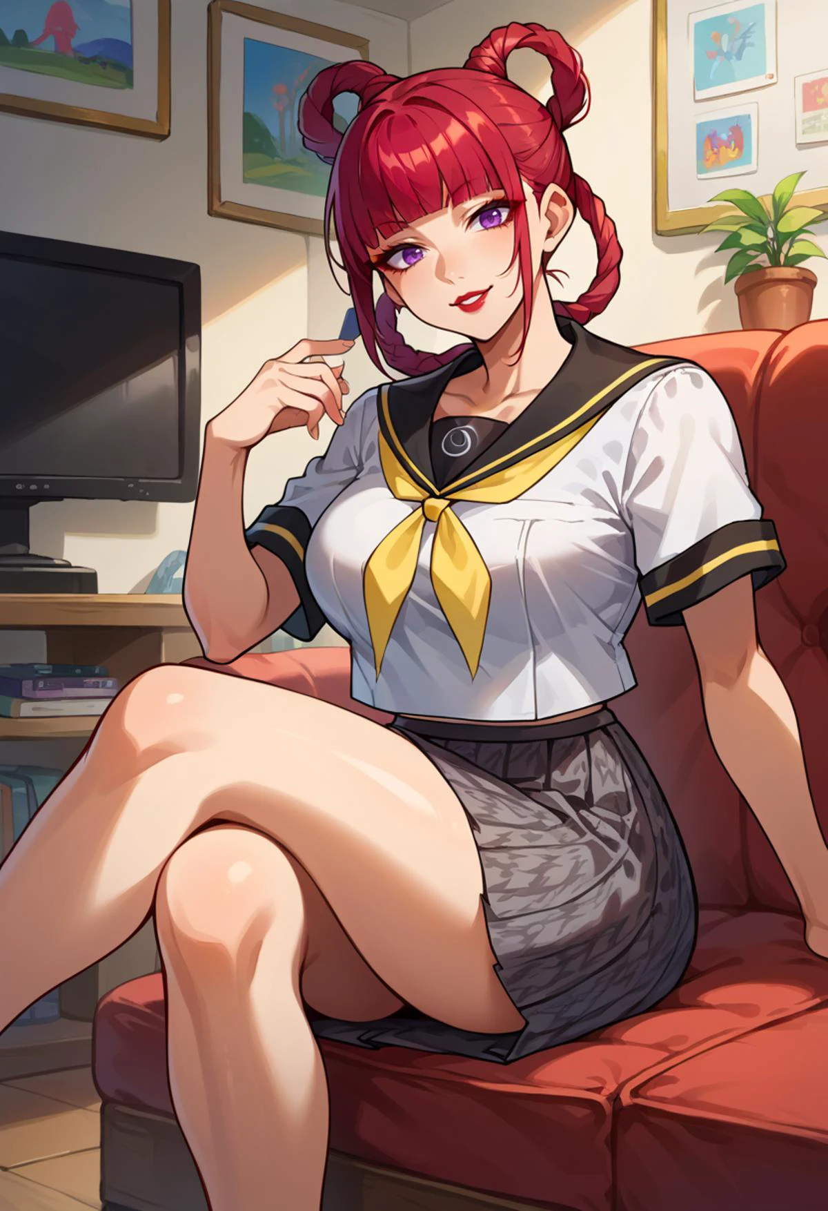 score_9, score_8_up, source_anime, tube television, indoors, <lora:ChamYasogamiSchoolUniformPonyXL:1> YasogamiFemaleSummer, white shirt, short sleeves, black sailor collar, yellow neckerchief, grey skirt, sitting, crossed legs,, solo, seductive smile, red lips,
1girl, purple eyes, red hair, blunt bangs, large breasts, low hair rings,
