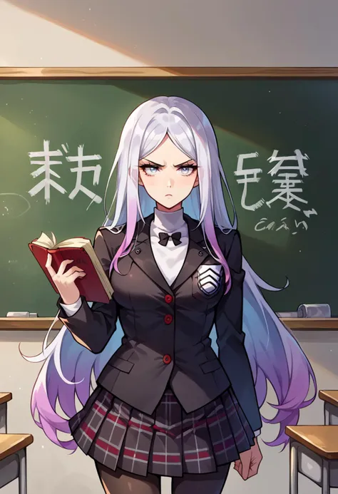 classroom, chalkboard, ai ai gasa, holding book,  black pantyhose, score_9, score_8_up, source_anime,   <lora:ChamShuujinAcademyUniformPonyXL:1> GirlUniform, shuujin academy school uniform, black jacket, plaid skirt,, serious, 1girl, white eyes, white hair, very long hair, parted hair, parted bangs, medium breasts, gradient hair, lilac hair,