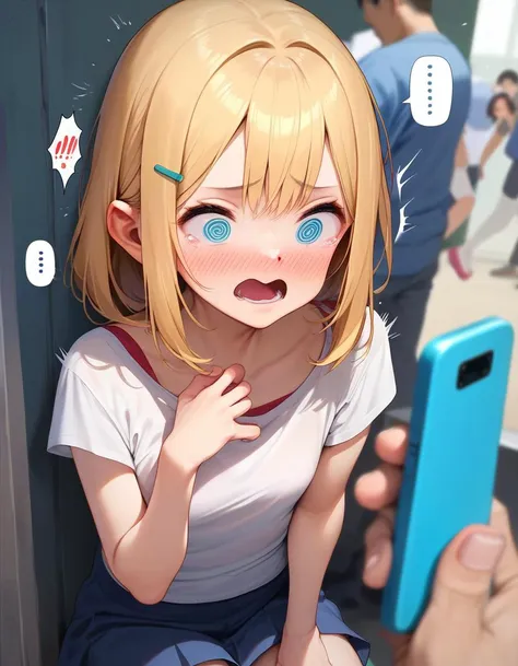 score_9, score_8_up,score_7_up,score_6_up, an embarrassed girl looking at her cellphone, @ @, open mouth, screaming, <lora:yuushi_tessen_style_pony6_v1-000028:1>