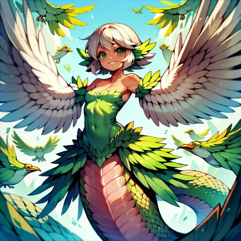 score_9_up, score_8_up, score_7_up, dynamic pose, cowboy shot, wide shot, 1girl, amphithere, monster girl, white hair, green eyes, slit pupils, harpy wings, <lora:Winged_Arms_Lora_PonyXL:.8>, wingarms, (winged arms), lamia, small breasts, smiling
, source_anime, anime style, anime studio