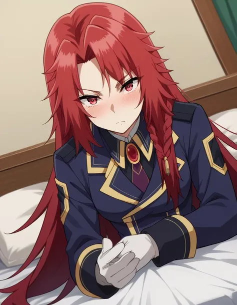 score_9, score_8_up, score_7_up, source_anime,
irismidgar, <lora:iris-midgar-ponyxl-lora-nochekaiser:1>,
iris midgar, long hair, red eyes, braid, red hair,
skirt, gloves, long sleeves, jacket, necktie, white gloves, uniform, military, military uniform,
indoors, bed, bed room, on side, blush, drunk,
looking at viewer, dutch angle,