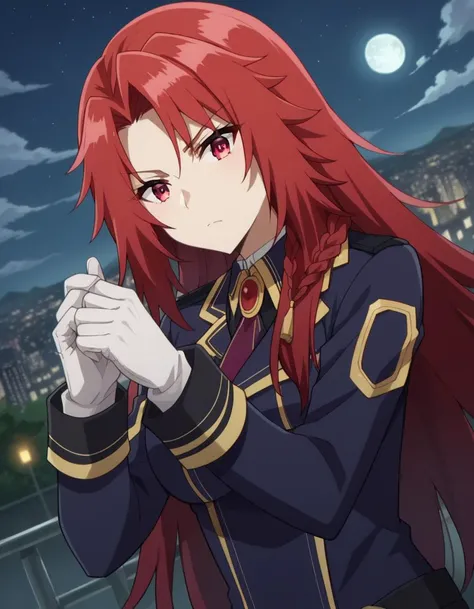 score_9, score_8_up, score_7_up, source_anime,
irismidgar, <lora:iris-midgar-ponyxl-lora-nochekaiser:1>,
iris midgar, long hair, red eyes, braid, red hair,
skirt, gloves, long sleeves, jacket, necktie, white gloves, uniform, military, military uniform,
outdoors, cityscape, night, moon,
looking at viewer, dutch angle,