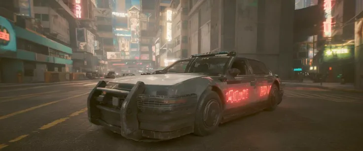 ncpdcar in cyberpunk downtown, lights on, raining, lens flare, bokeh, ncpdred, studio lighting, <lora:ncpdcar2-000018:0.8>