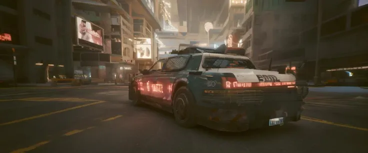 high-resolution 4k photograph of ncpdcar in downtown Night City Cyberpunk 2077, sharp-focus, shallow depth-of-field, <lora:ncpdcar2:0.8>  <lora:cyberpunk2077ConceptArt_nightcityV116:0.6>