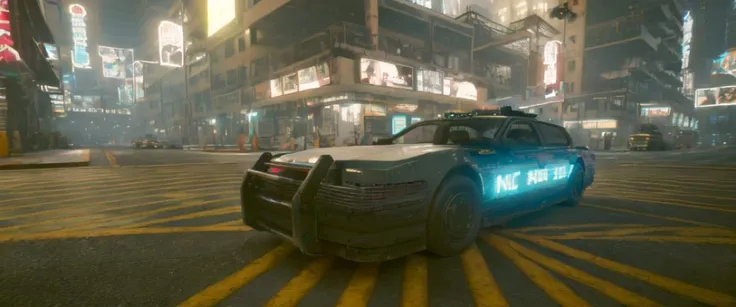 high-resolution 4k photograph of ncpdcar in downtown Night City Cyberpunk 2077, sharp-focus, shallow depth-of-field, <lora:ncpdcar2:0.8>