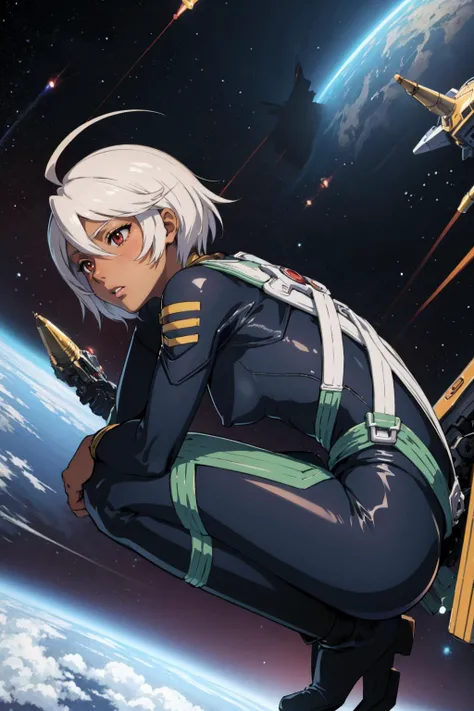 masterpiece, best quality,  <lora:spacebattleship_yamamoto-10:0.9> yamamoto akira, dark skin, ahoge, bodysuit, outer space, floating, from side, fetal position